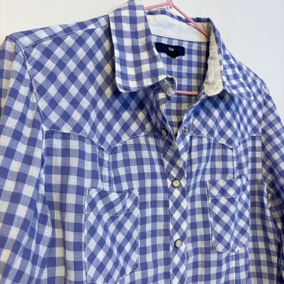 GAP Collared Snap Button Down Blouse Shirt Top Blue White Checkered Plaid Size M - Picture 3 of 3